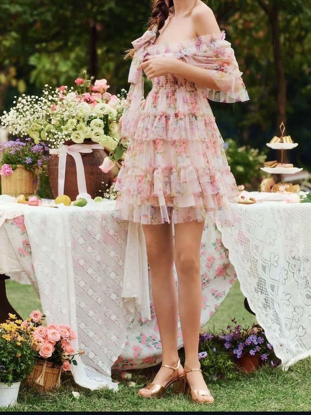 Lait Collection Floral Tiered Ruffle Mini Dress – NWOT – Size L